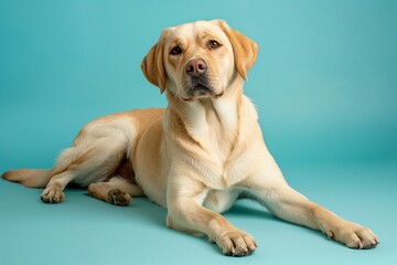Obraz premium Full body studio portrait of a beautiful dog. The dog is lying down and looking up over a background of pastel shades, radiating charm and playfulness.