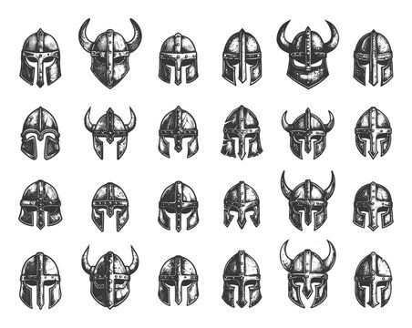 Doodle Style Viking Helmets Icon Set. Helmet, Viking, Norse, Warrior, Armor, Medieval, Historical, Ancient, Scandinavian, Nordic, Battle, Headgear, Hand Drawn, Sketch, Drawing, Simple, Low Details