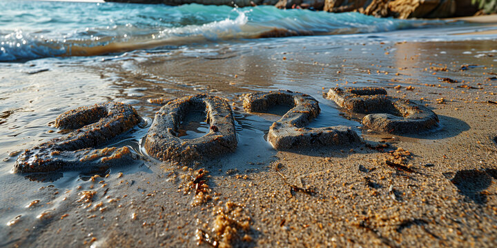 The 2025 handwritten in the sand on a beach