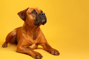 Obraz premium Full body studio portrait of a beautiful dog. The dog is lying down and looking up over a background of pastel shades, radiating charm and playfulness.