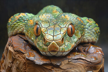 Obraz premium Close up of a green snake slithering on a log