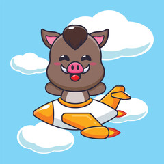 Cute boar mascot cartoon character ride on plane jet