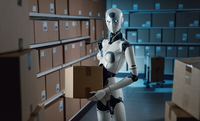Humanoid AI robot carrying boxes in the warehouse