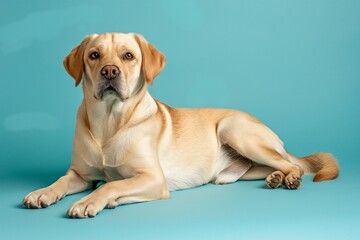 Full body studio portrait of a beautiful dog. The dog is lying down and looking up over a background of pastel shades, radiating charm and playfulness.
