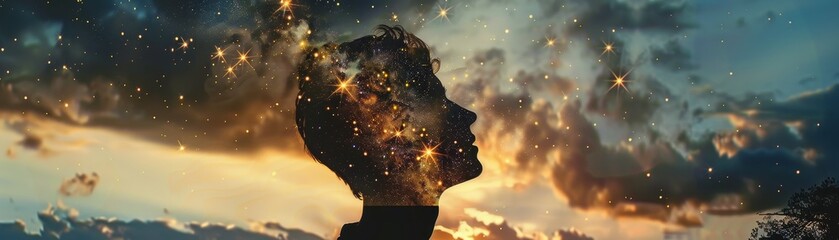 Fototapeta premium Silhouette of human head filled with starry sky, blending with clouds at sunset, symbolizing imagination, dreams, and the universe.