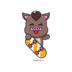 Cute boar mascot cartoon character with skateboard