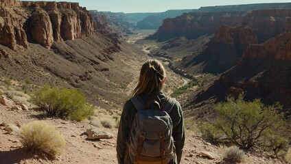 A young woman, alone in nature, seen from behind in front of a canyon, ready to cross the desert a journey through the difficulties and trials of life, towards the unknown, adventure and freedom