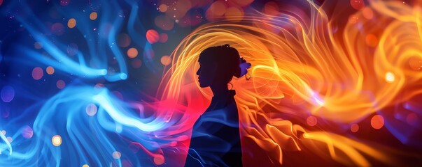 Silhouette of person surrounded by colorful swirls of light, blending vibrant blue and fiery orange hues creating a mesmerizing background.