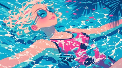 swimming in the pool, woman with long wavy red hair wearing a pink and blue pastel neon suit floating underwater, which in Generate AI