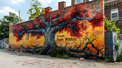Urban mural featuring stylized tree with roots reaching deep into the ground accompanied by the phrase Strength From Within in bold lettering symbolizing resilience and inner power