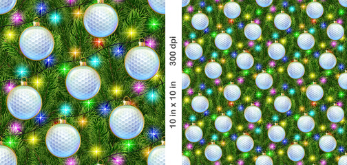 Christmas Golf seamless tileable pattern. Realistic Christmas tree and light pattern with Golf balls as Christmas decoration. Wallpaper, background, wrapping paper.