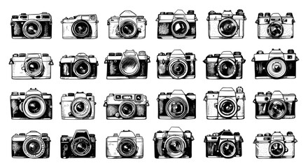 Doodle Vintage Photo Cameras Icons Set. Hand Drawn Simple Style Black Icons on White Background. Retro Old Photography Equipment Technology Illustration