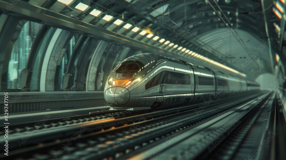 Poster a high-speed train traveling through a modern urban tunnel system, showcasing the integration of rai
