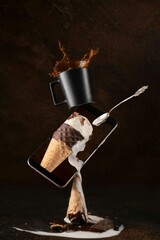 An ice cream cone has toppled onto a mobile screen, leaving a sticky mess. Melted ice cream drips down the sides, and colorful sprinkles are scattered across the device, creating a playful scene.