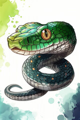 Cartoon illustration of a green snake resting on a white surface