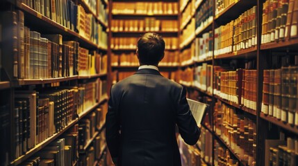 A lawyer reviewing legal documents and statutes in a law library, surrounded by shelves of books and case files.
