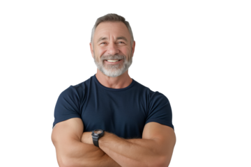 Muscular Middle-Aged Man in Blue T-Shirt Smiling on White Background