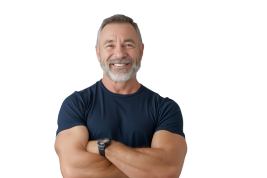 Muscular Middle-Aged Man in Blue T-Shirt Smiling on White Background