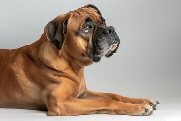 Full body studio portrait of a beautiful dog. The dog is lying down and looking up over a background of pastel shades, radiating charm and playfulness.