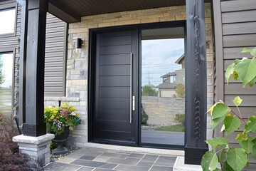 Modern home front entrance door: stylish black fiberglass single door featuring one sidelite for a chic appearance