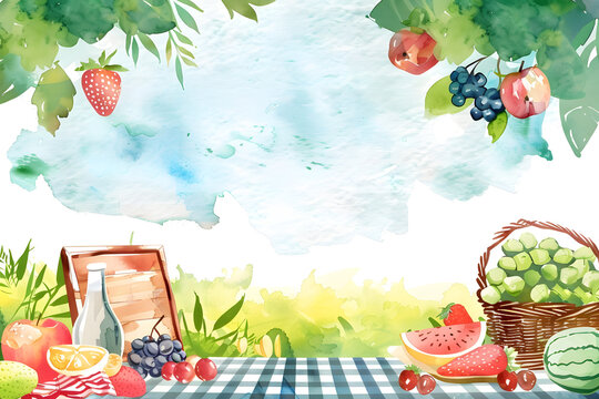 Cute cartoon picnic frame border on background in watercolor style.