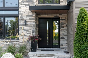 Sleek black fiberglass front entrance door: modern single door design with one sidelite for a contemporary home