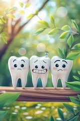 Obraz premium Cheerful dental cartoon characters on blurred background, concept of dental care with copy space