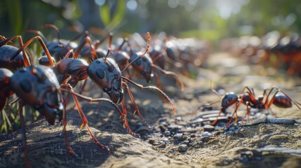 A line of ants marching in unison along a trail, demonstrating their efficient communication and navigation abilities.