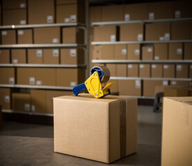 Distribution warehouse interior with box and tape dispenser gun