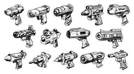 Laser Blasters. Doodle Style, Hand-Drawn, Simple Black Icons Set. Weapon, Gun, Blaster, Laser, Sci-Fi, Futuristic, Space, Ray, Beam, Hand Drawn, Sketch, Drawing, Low Details, Black Icons, White