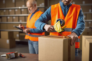 Worker sealing a box at the warehouse