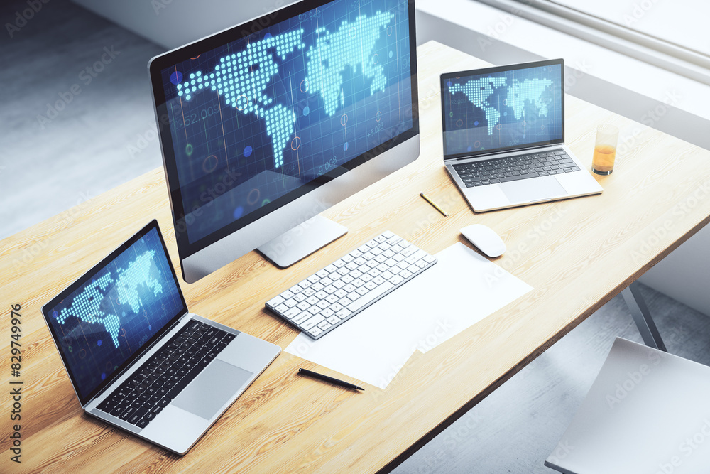 Aufkleber Abstract graphic world map on modern laptop screen, connection and communication concept. 3D Rendering