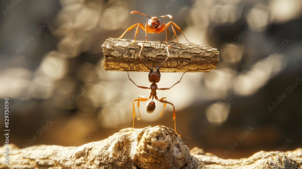 Poster a macro shot of an ant carrying a heavy load, showcasing the impressive strength and determination o