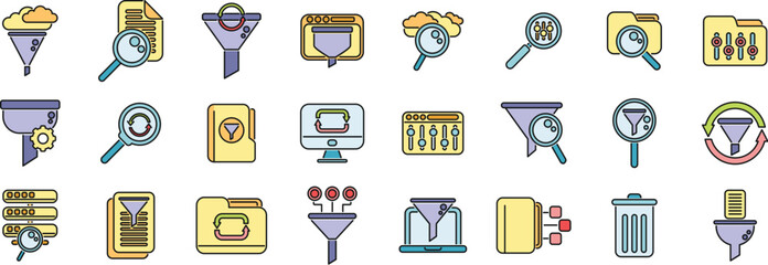 Filter search icons set outline vector. Filter interface. Digital education thin line color flat on white
