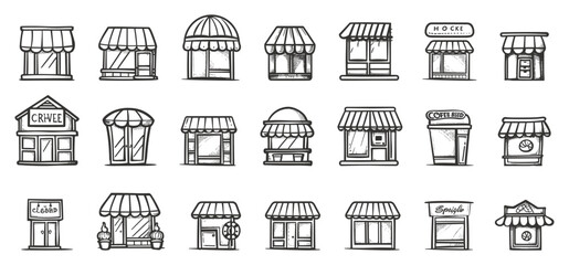 Shops, Cafes and Mini-Markets. Doodle Style, Hand-Drawn Icons Set. Shop, Storefront, Retail, Building, Business, Market, Boutique, Grocery, Supermarket, Mall, Shopping, Commerce, Hand Drawn, Sketch