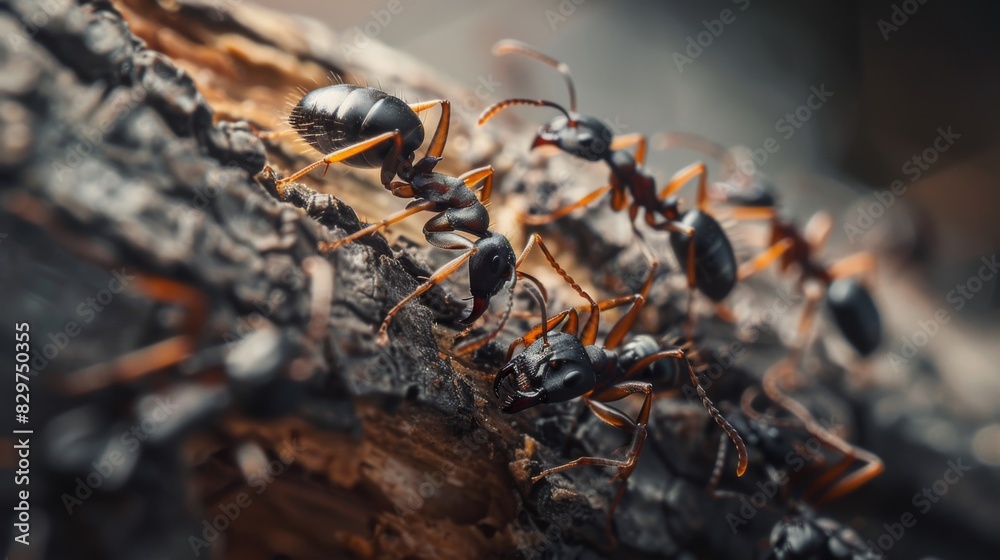 Poster A macro shot of ants crawling on a tree branch, highlighting their intricate anatomy and unique patterns.