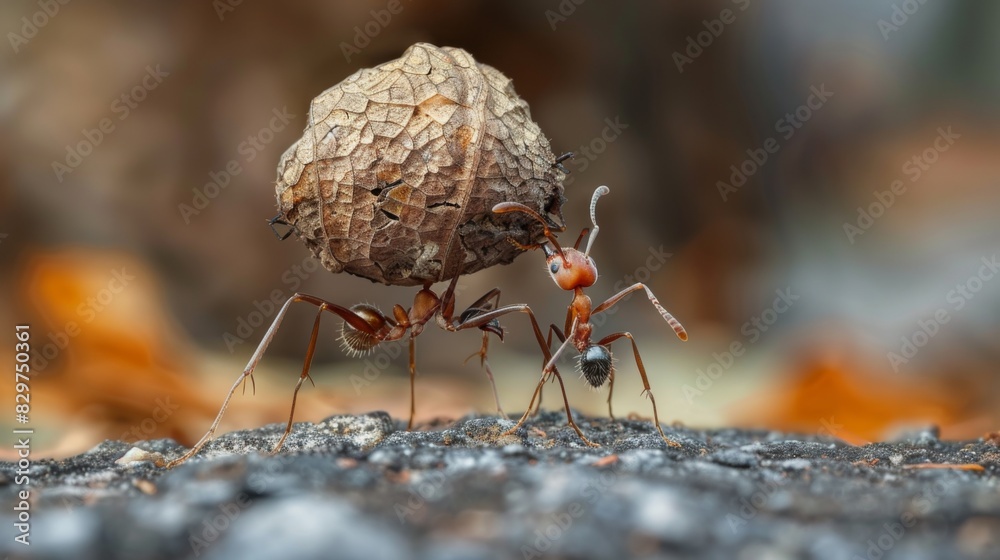 Poster a macro shot of an ant carrying a heavy load, showcasing the impressive strength and determination o