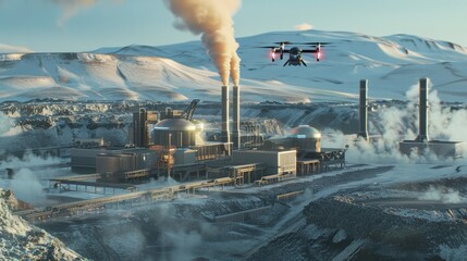 The eVTOLs electric motors emit a soft hum as they fly over the geothermal plant powered by the very energy it produces.