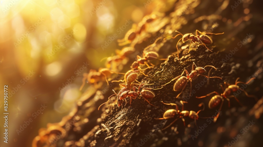 Poster A macro shot of ants crawling on a tree branch, highlighting their intricate anatomy and unique patterns.