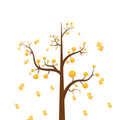 Money tree with falling dollors, realistic dollor gold coins flat style vector illustration.