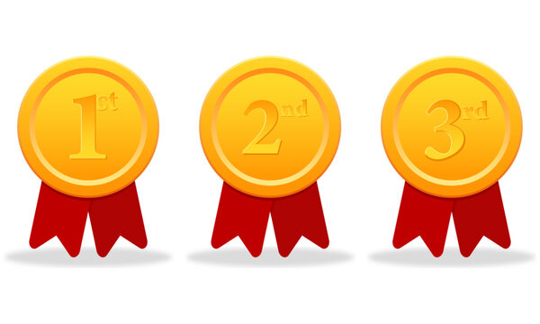 Set of three shiny gold medals with red ribbins on white background, flat style gold medal vector illustration.