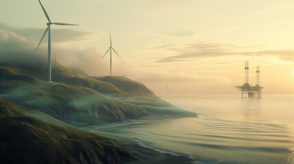 paisaje costero con central eólica, molinos de viento, energía renovable