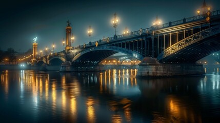 Fototapeta premium A majestic bridge at night with streetlights illuminating its structure, casting long reflections on the river.