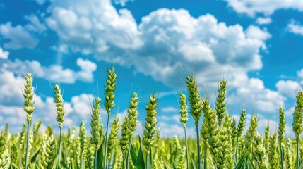 a beautiful green wheat field under a blue sky with fluffy white clouds in the background.