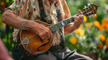 A mandolin player plucking cheerful folk melodies, with the instrument's distinctive shape and strings creating a vibrant sound.