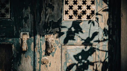Elegant blue door with intricate details, placed beside a brick wall