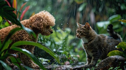 Dance of Paws: Cat and Dog Frolicking in Rain