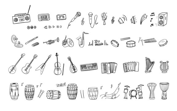 Big set of music instruments. Violin, harp, banjo, guitar electric, saxophon, flute, drum, accordion, xylophone, harmonica, tambourine, cymbals, synthesizer, record player, microphone. Hand drawn