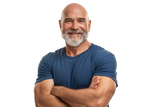 Muscular Bald Middle-Aged Man in Blue T-Shirt Smiling on White Background - Powered by Adobe