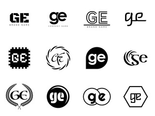 GE logo company template. Letter g and e logotype. Set different classic serif lettering and modern bold text with design elements. Initial font typography.
